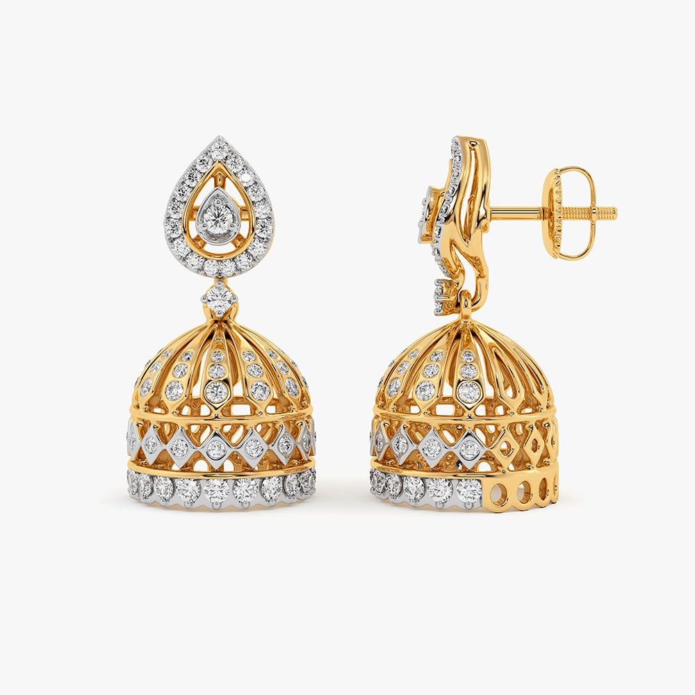 Leaf Drop Yellow Gold Diamond Jhumka Earrings-Earrings-OER26I59-D400RDC