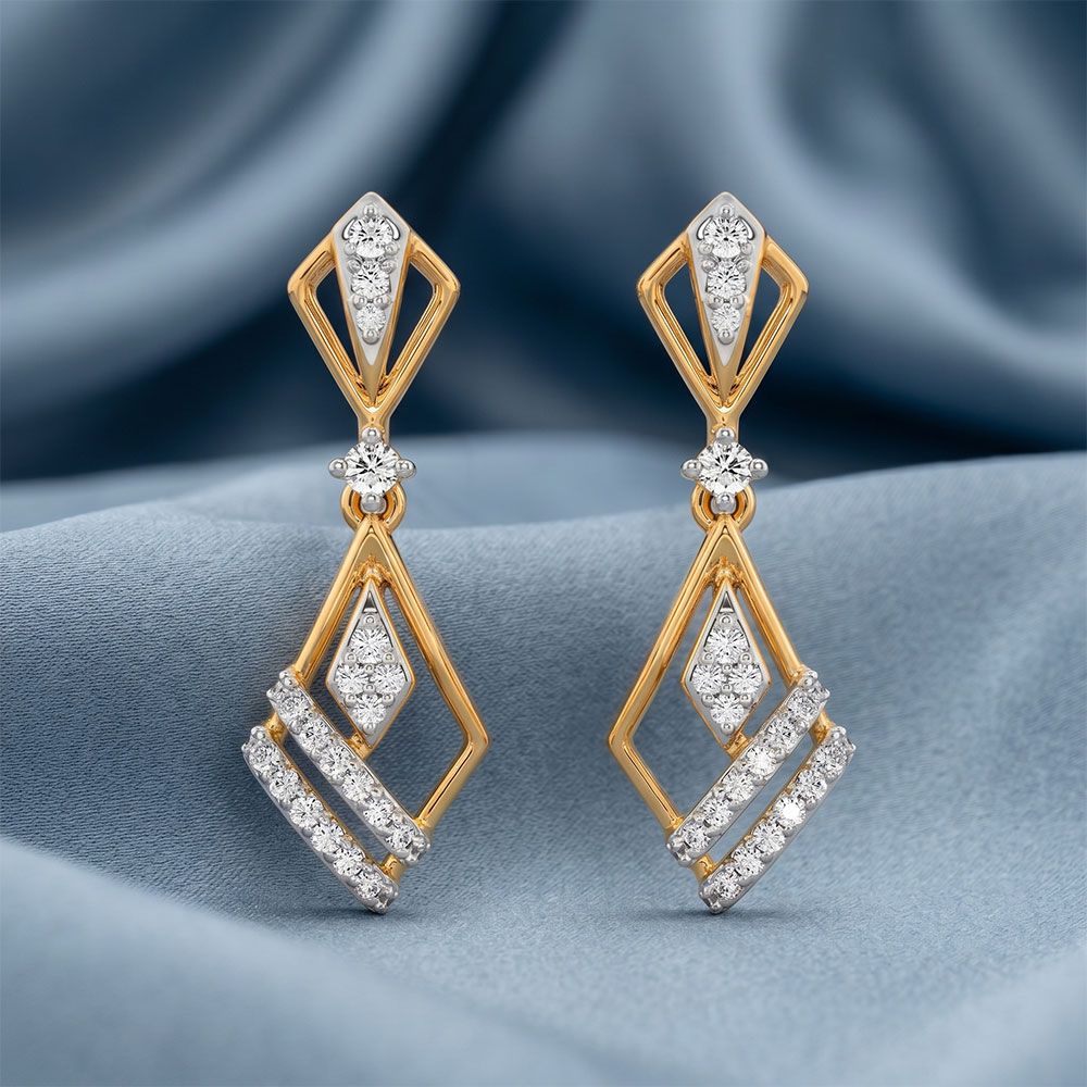 Shinny Elongated Yellow Gold Diamond Drop Earrings-Earrings-OER26I87-D400RCC
