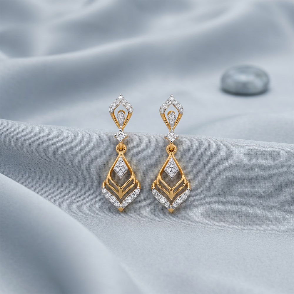 Leaf Yellow Gold Diamond Dangler Earrings-Earrings-OER26I89-D400RAC