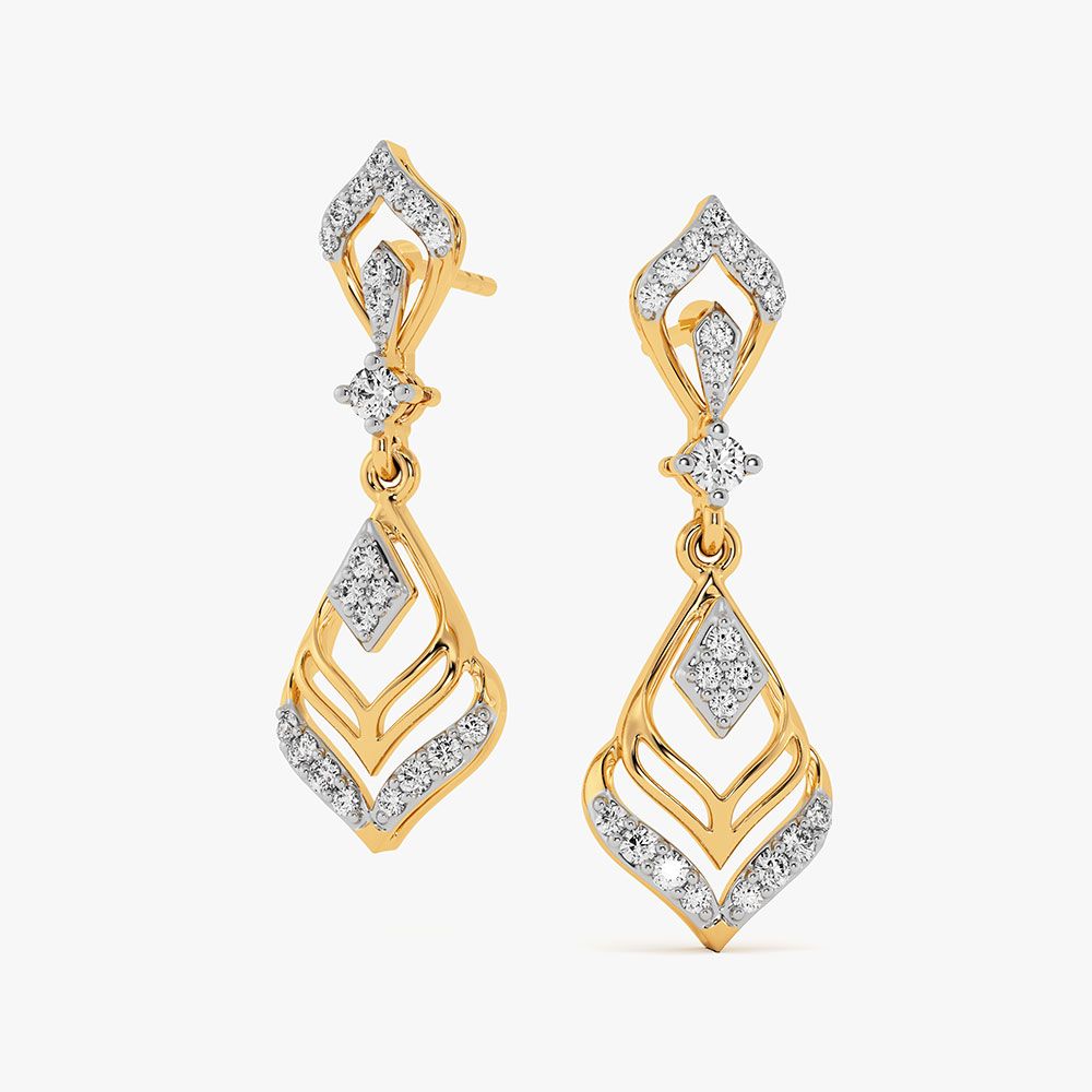 Leaf Yellow Gold Diamond Dangler Earrings-Earrings-OER26I89-D400RAC