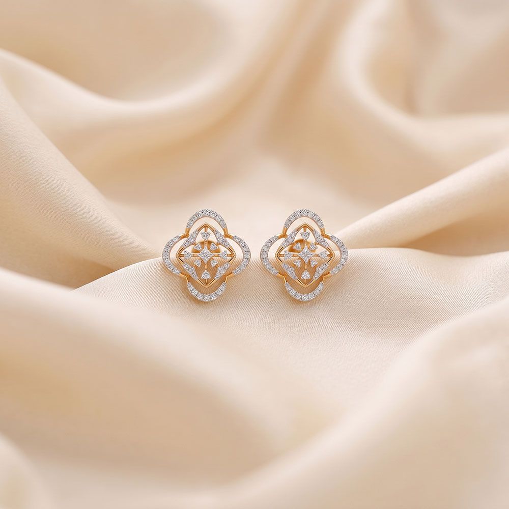 Flower 14Kt Yellow Gold Diamond Stud Earrings-Earrings-OER26I97-D400RDC