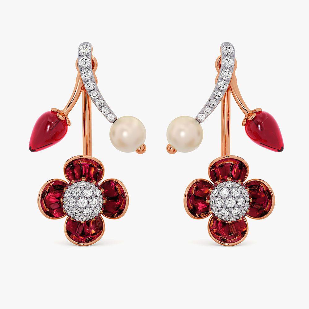 Sparkling 14Kt Diamond and Red Stone Earrings-Earrings-OER26IE7-D409XDC