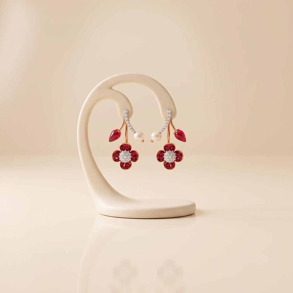 Sparkling 14Kt Diamond and Red Stone Earrings-Earrings-OER26IE7-D409XDC