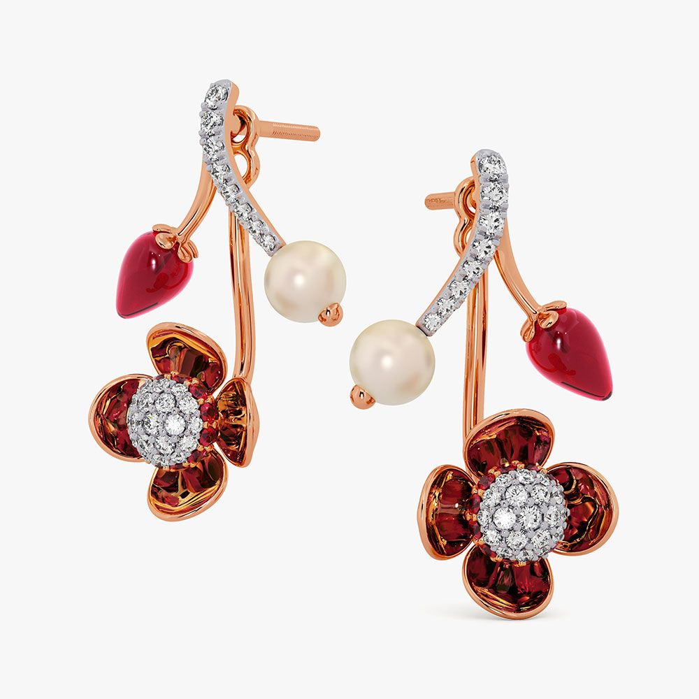 Sparkling 14Kt Diamond and Red Stone Earrings-Earrings-OER26IE7-D409XDC