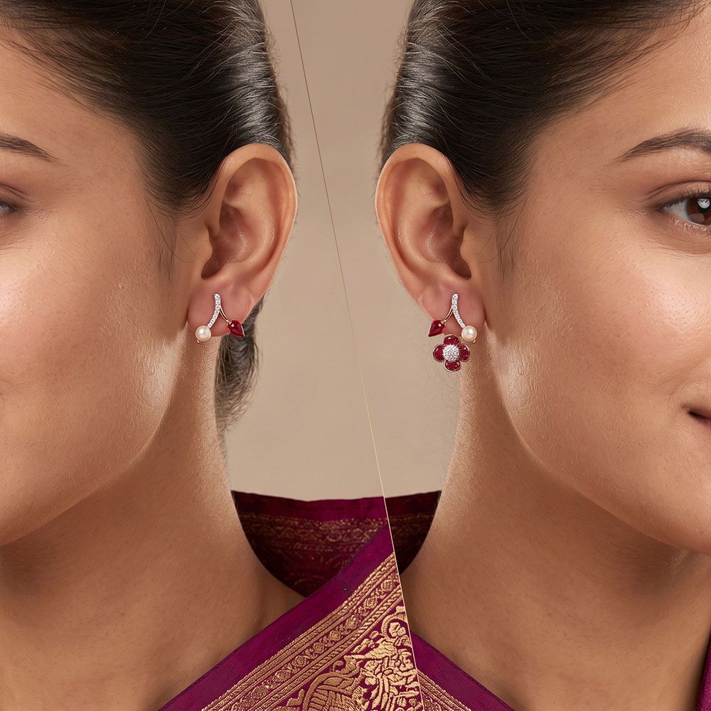Sparkling 14Kt Diamond and Red Stone Earrings-Earrings-OER26IE7-D409XDC