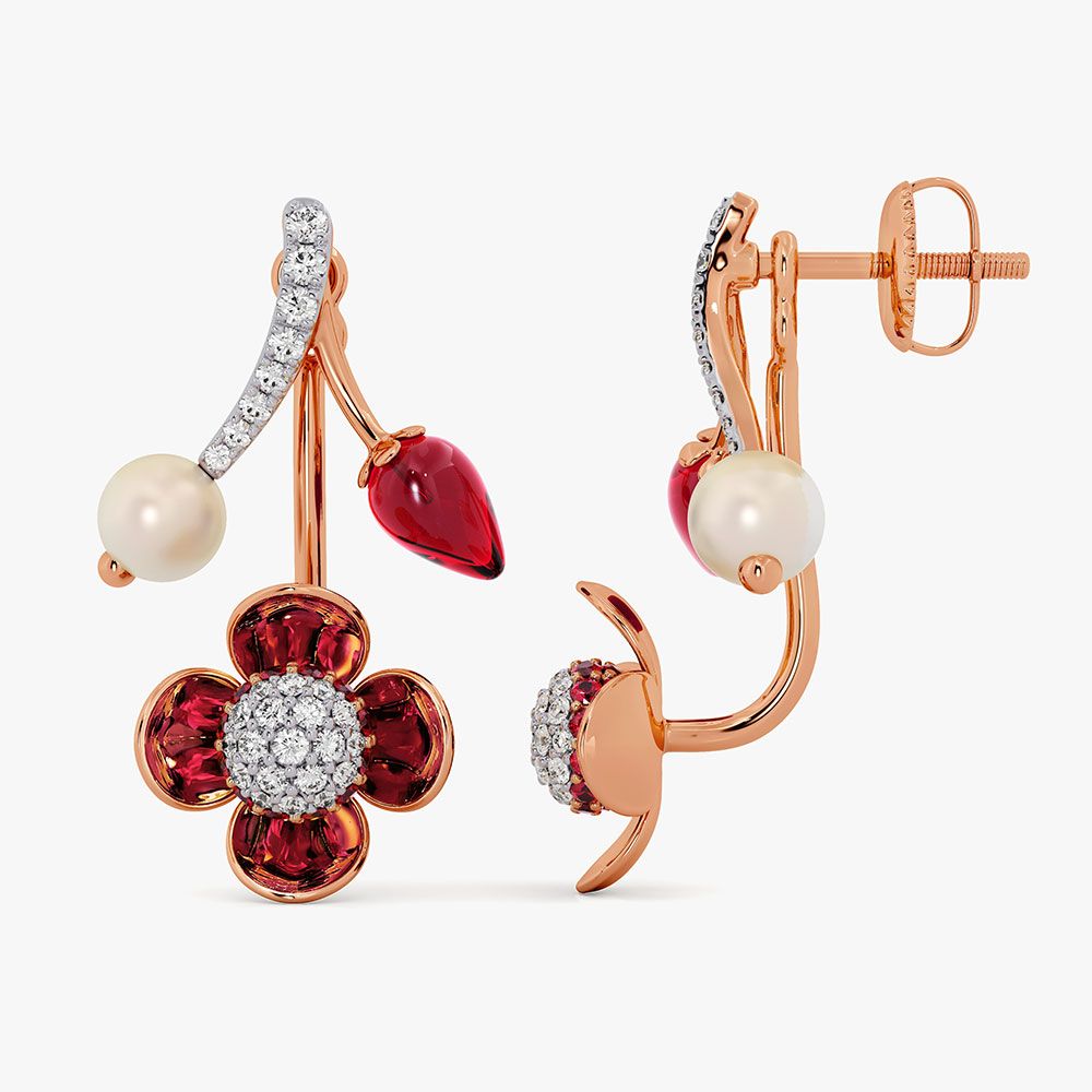 Sparkling 14Kt Diamond and Red Stone Earrings-Earrings-OER26IE7-D409XDC