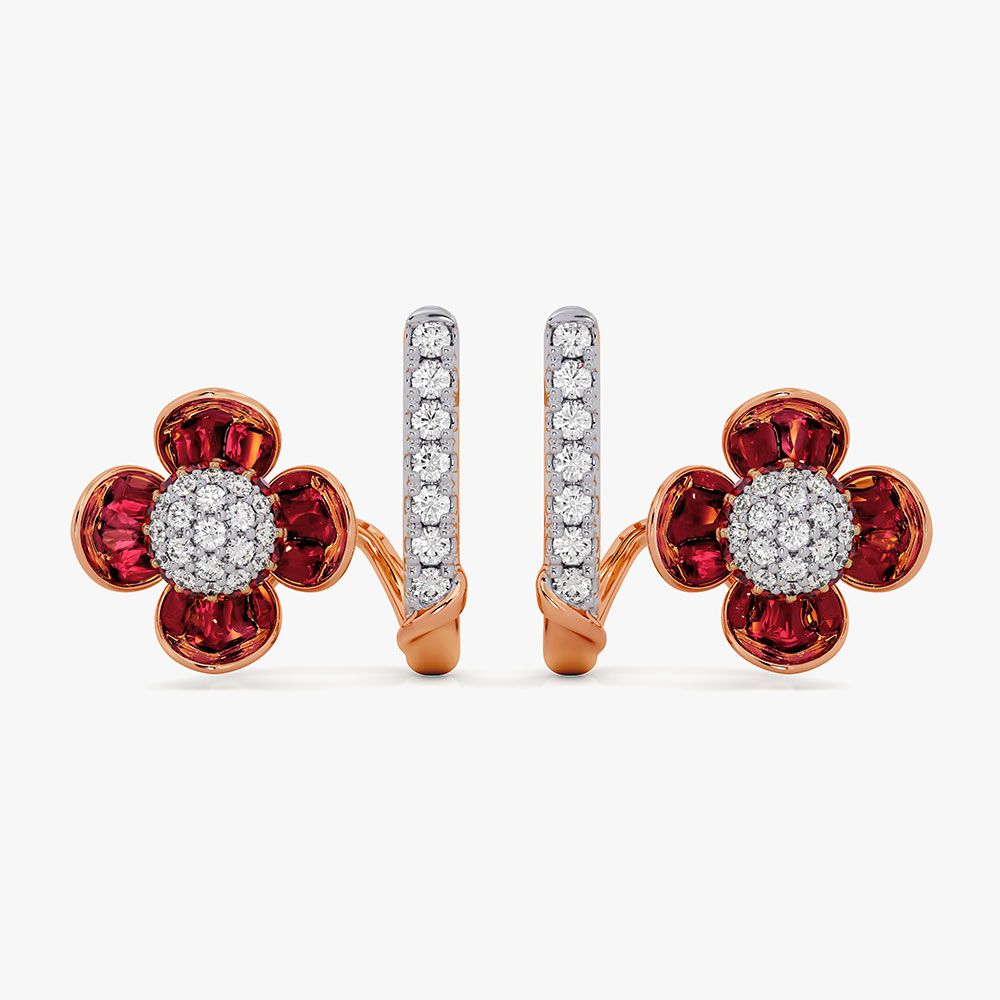 Floral 14Kt Diamond and Red Stone Earrings-Earrings-OER26IE8-D435XDC