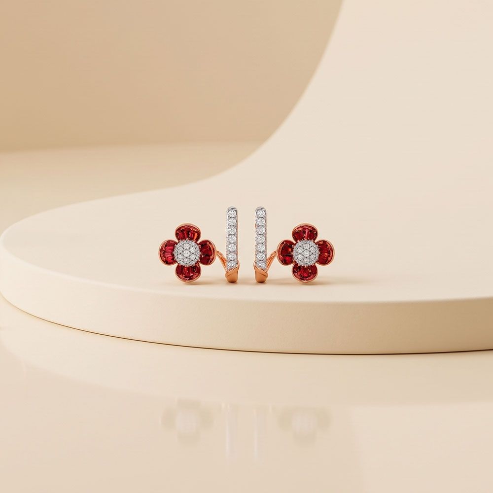 Floral 14Kt Diamond and Red Stone Earrings-Earrings-OER26IE8-D435XDC