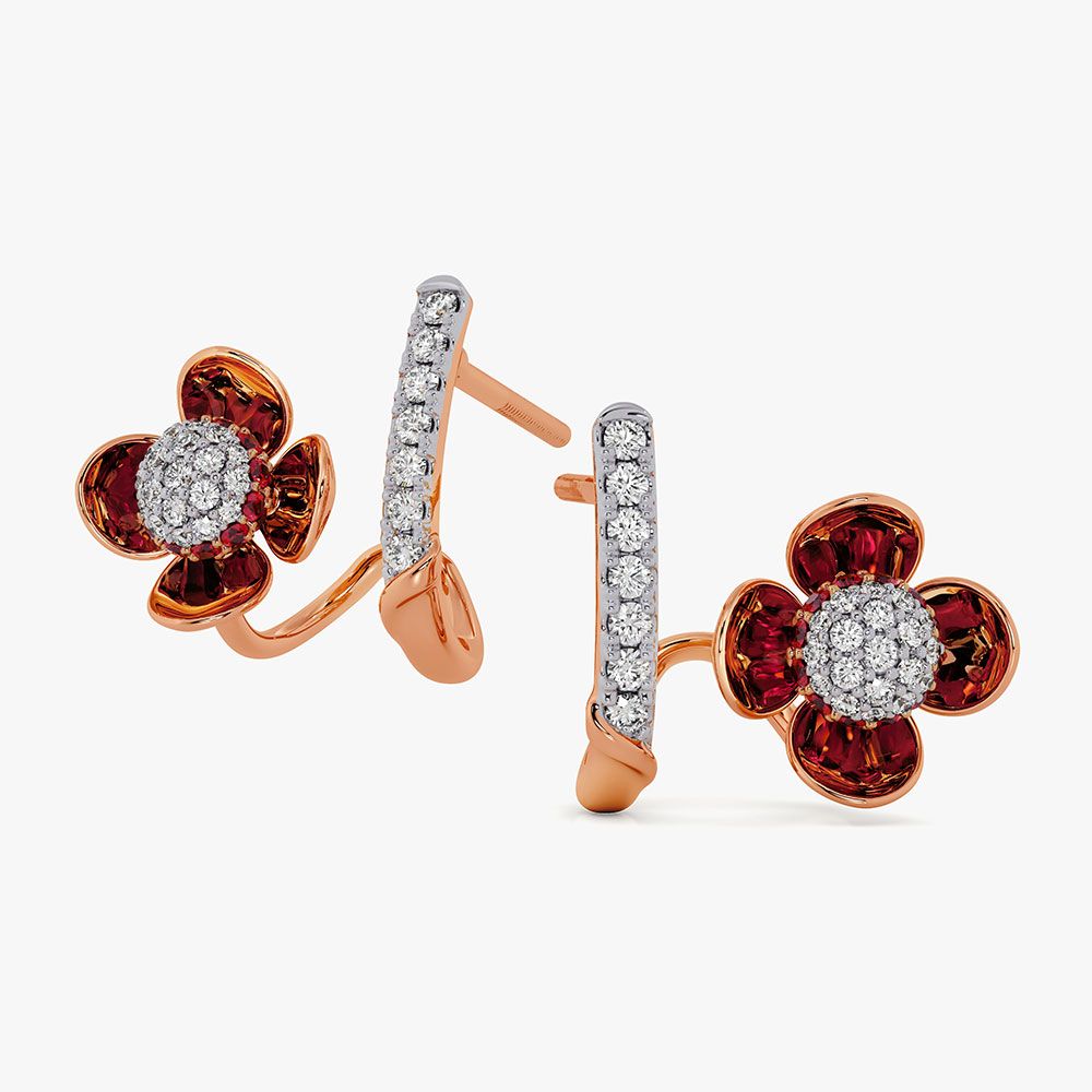 Floral 14Kt Diamond and Red Stone Earrings-Earrings-OER26IE8-D435XDC