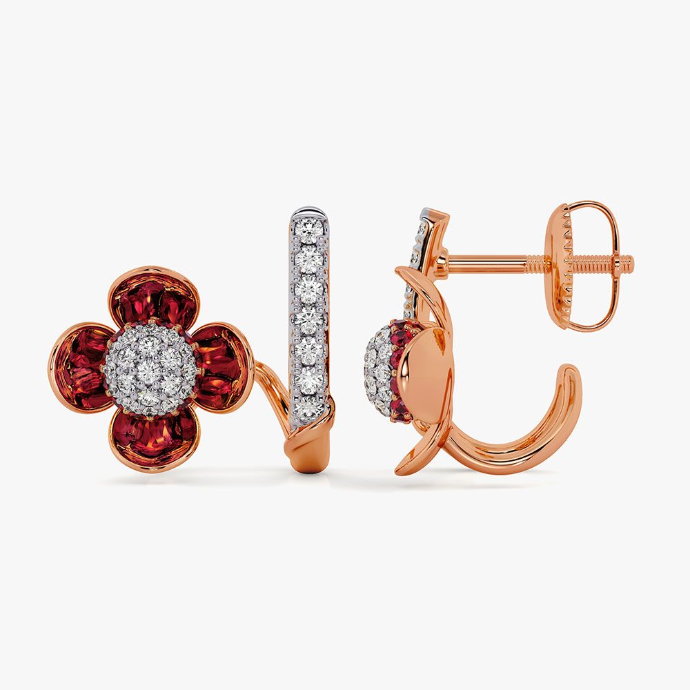Floral 14Kt Diamond and Red Stone Earrings-Earrings-OER26IE8-D435XDC