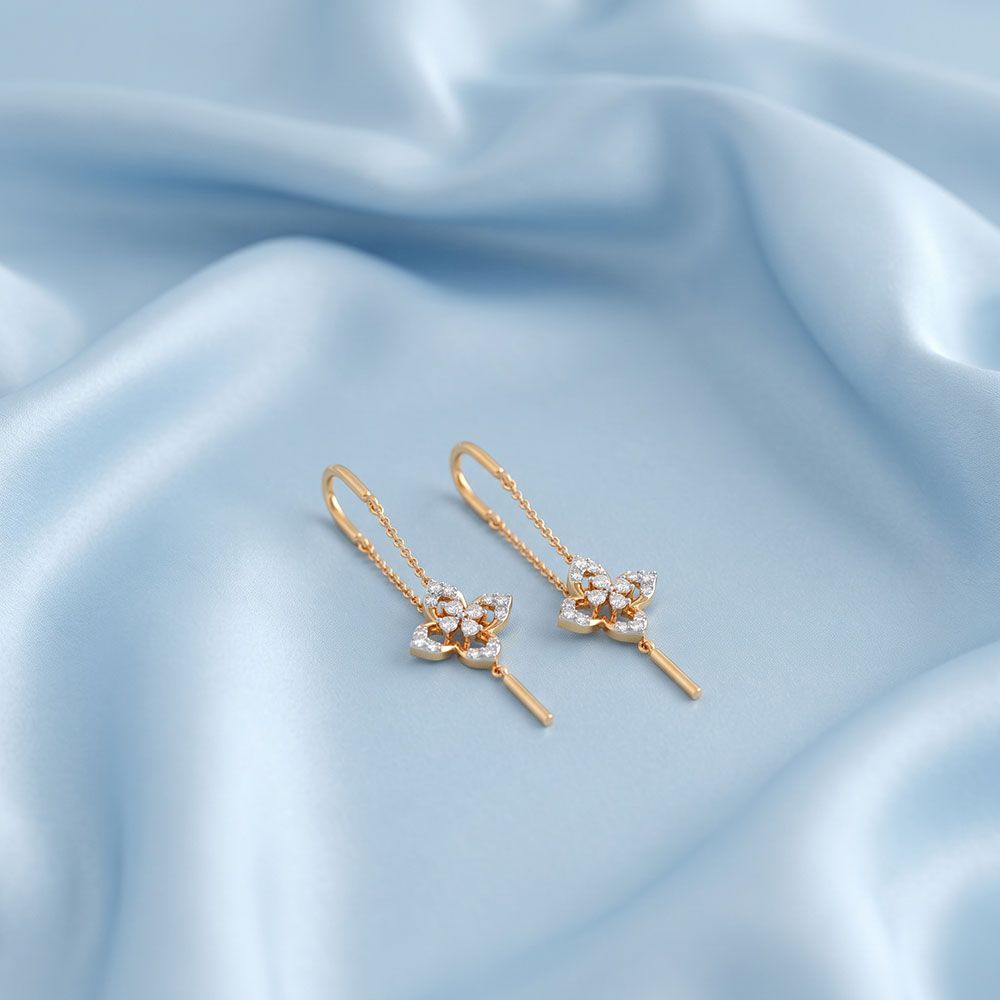 Floral 14Kt Yellow Gold Diamond Sui Dhaga Earrings-Earrings-OER26J07-D400R0C