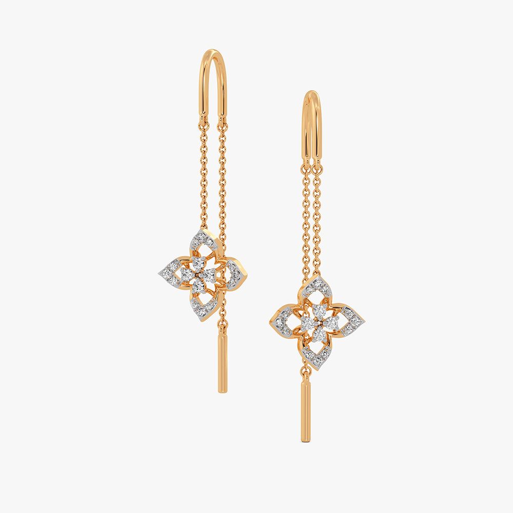 Floral 14Kt Yellow Gold Diamond Sui Dhaga Earrings-Earrings-OER26J07-D400R0C