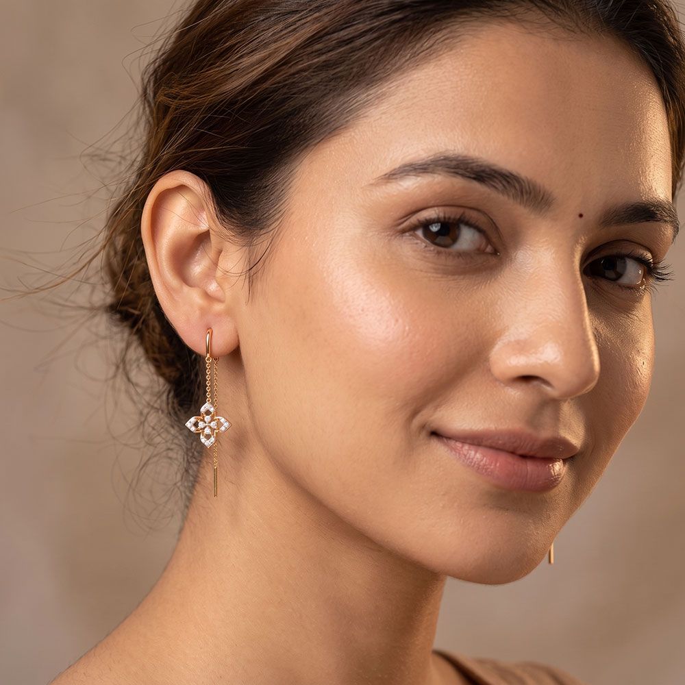 Floral 14Kt Yellow Gold Diamond Sui Dhaga Earrings-Earrings-OER26J07-D400R0C
