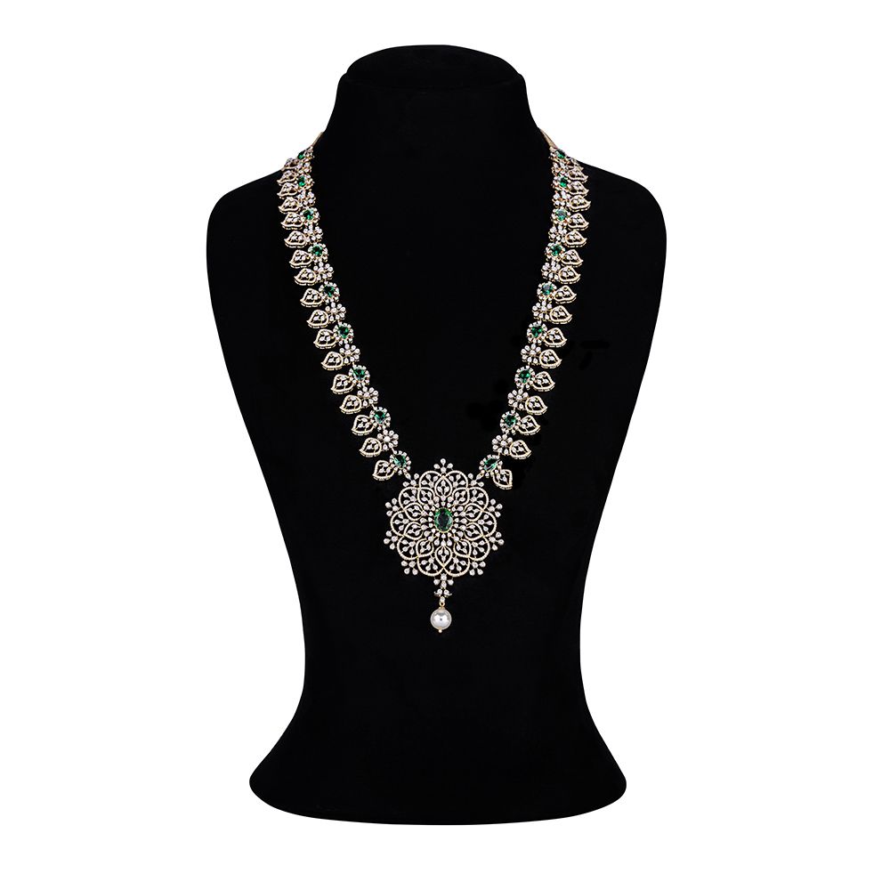 Classy Pearl Drop Design Diamond and Green Gemstones Necklace-Necklaces-ONK23C02-D309R2B