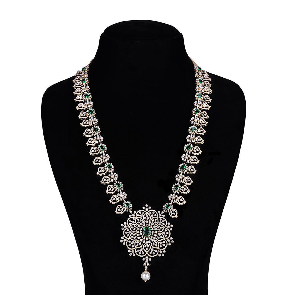 Classy Pearl Drop Design Diamond and Green Gemstones Necklace-Necklaces-ONK23C02-D309R2B