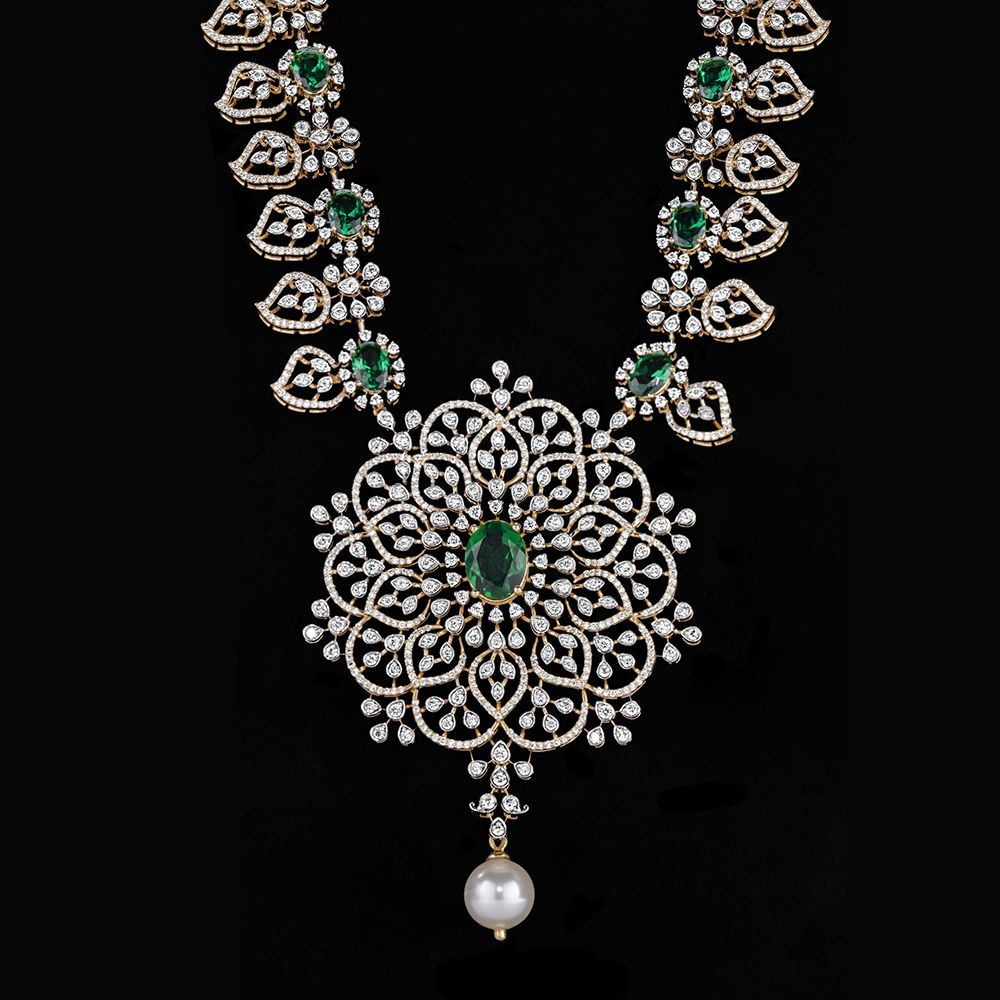Classy Pearl Drop Design Diamond and Green Gemstones Necklace-Necklaces-ONK23C02-D309R2B