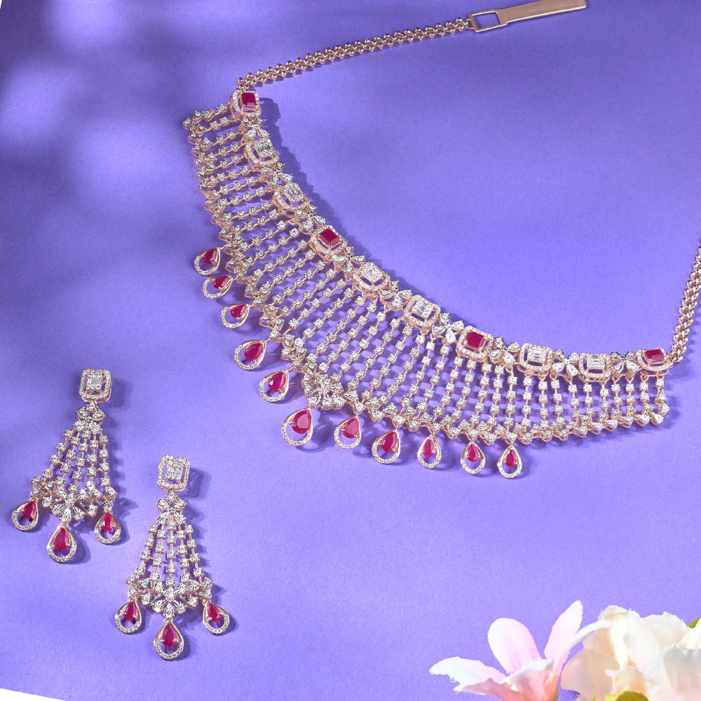 Floral Illuminating Diamond Necklace Set in Rose Gold-Diamond-ONS19119-D409X0C