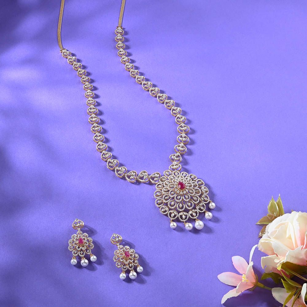 Floral Motif Diamond and Red Gemstone Haram Necklace Set-Necklace Sets-ONS23A06-D309R0B