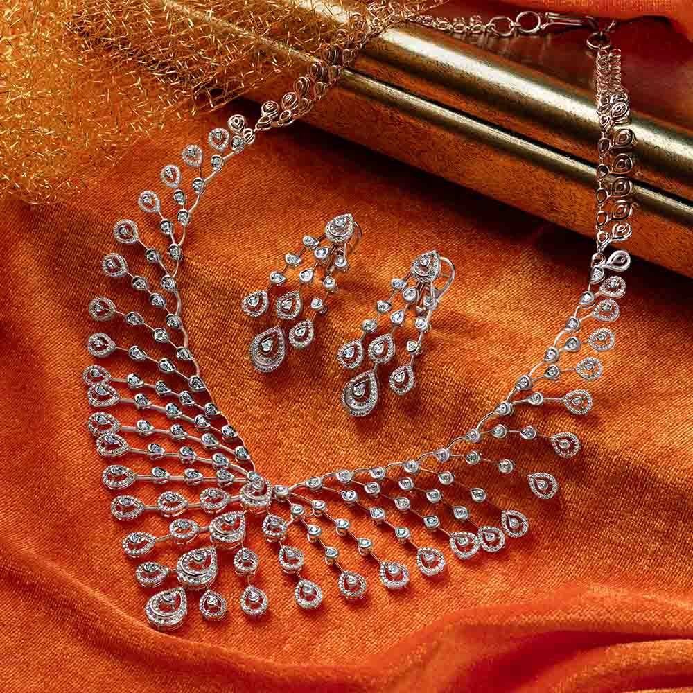 Elaborate Lattice Pattern Diamond Jewellery Set in Rose Gold-Necklace Sets-ONS23A39-D400X0B
