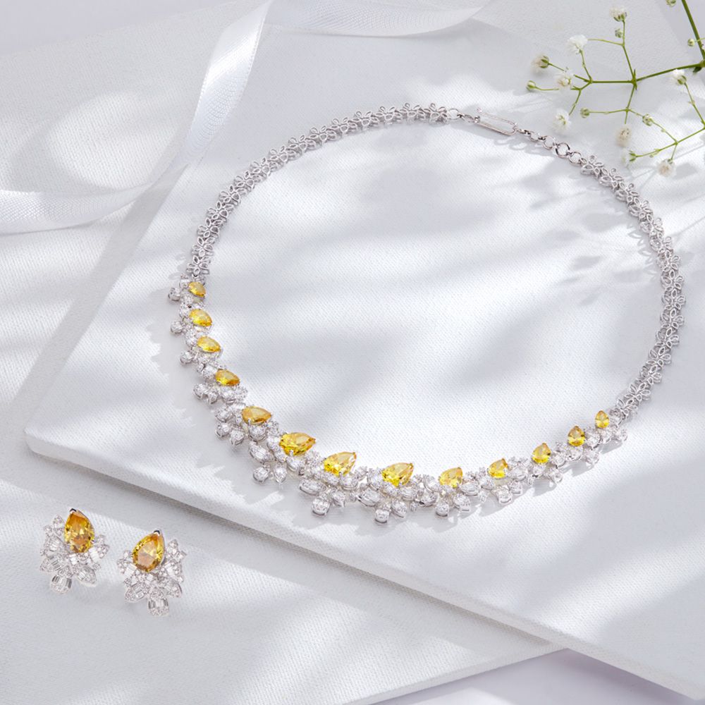 Radiant Floral Diamond and Yellow Stone Necklace Set-Diamond-ONS23A54-D332W0B