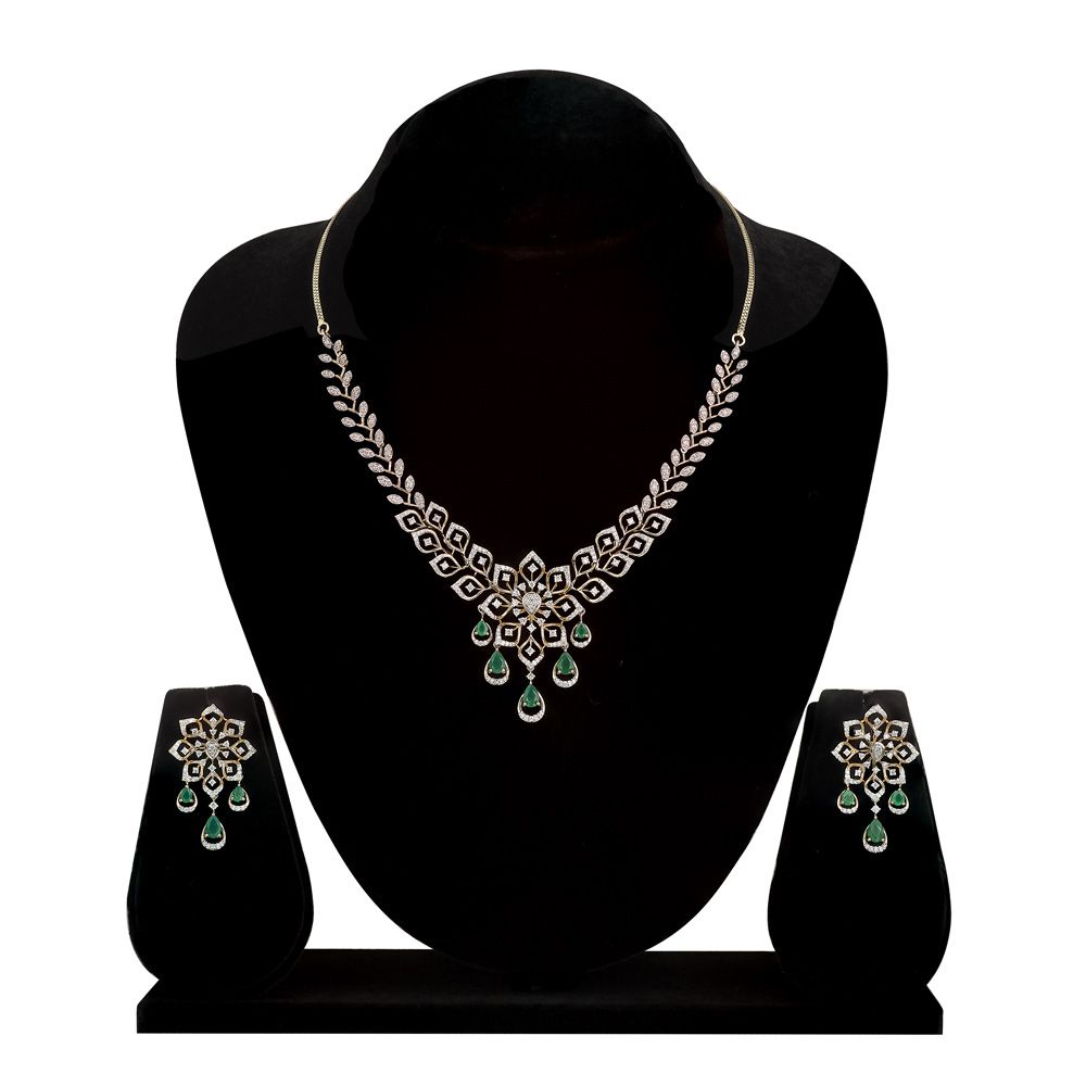 Floral Green Drops Diamond Necklace Set-Diamond-ONS24A11-D424X0B