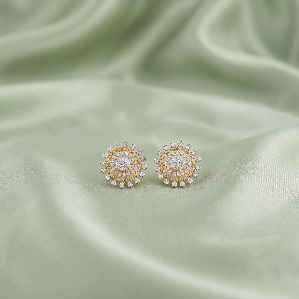 Intricate Bloom 14Kt Yellow Gold Diamond Stud Earrings-Earrings-OPE26E30-D400RDC