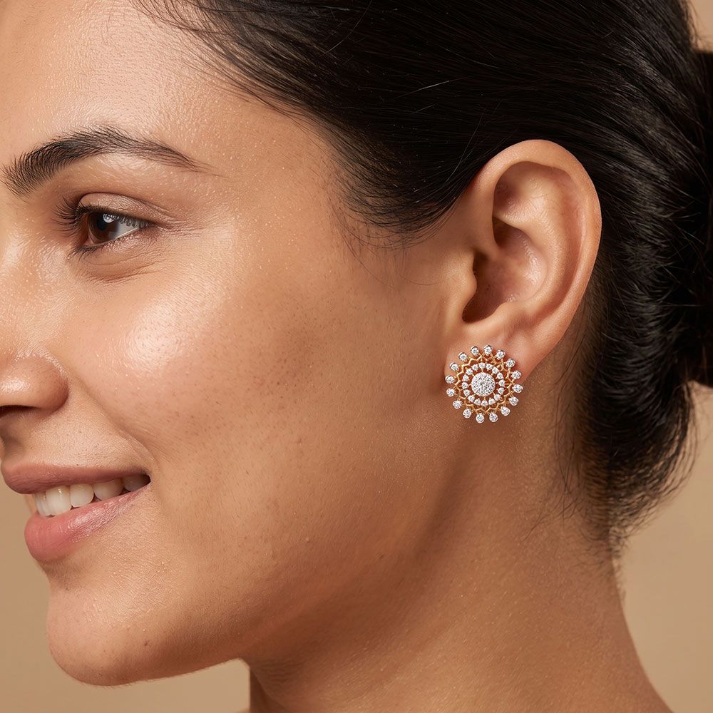 Intricate Bloom 14Kt Yellow Gold Diamond Stud Earrings-Earrings-OPE26E30-D400RDC