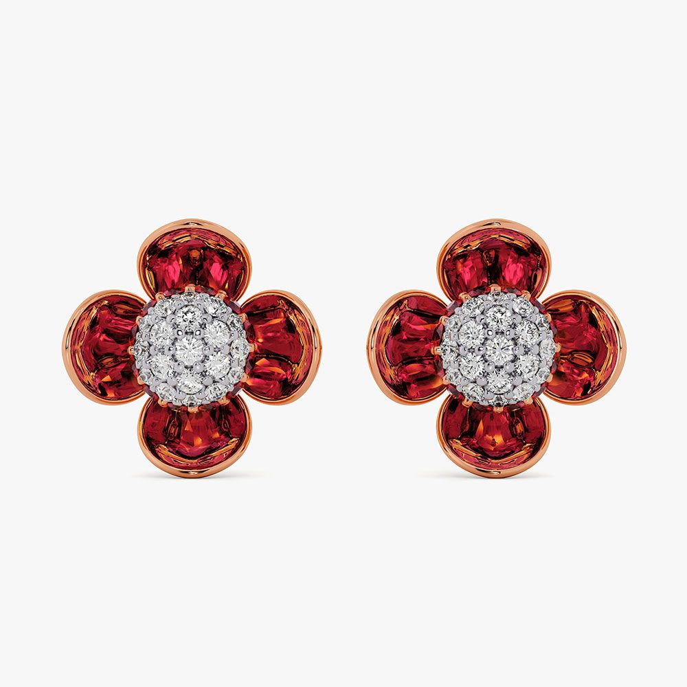 Elegant 14Kt Diamond and Red Stone Earrings-Earrings-OPE26E43-D435XDC
