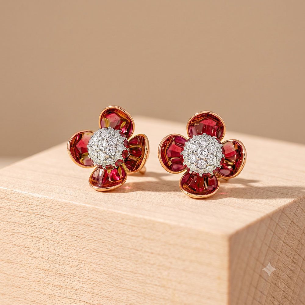 Elegant 14Kt Diamond and Red Stone Earrings-Earrings-OPE26E43-D435XDC