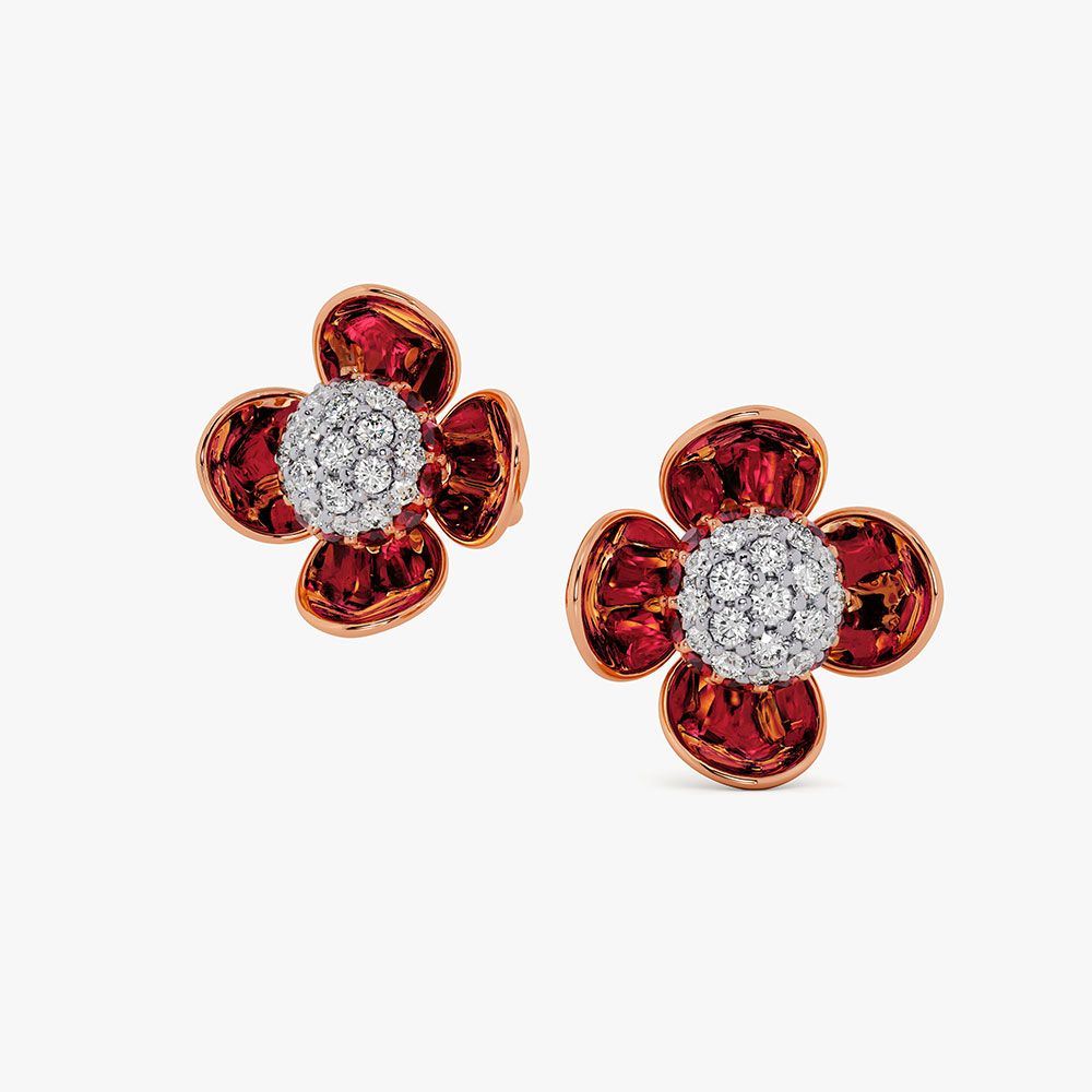 Elegant 14Kt Diamond and Red Stone Earrings-Earrings-OPE26E43-D435XDC