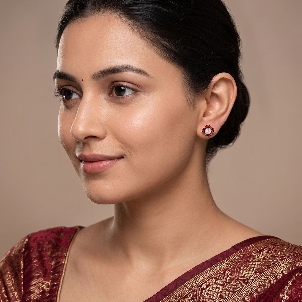 Elegant 14Kt Diamond and Red Stone Earrings-Earrings-OPE26E43-D435XDC