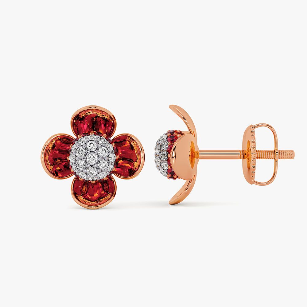 Elegant 14Kt Diamond and Red Stone Earrings-Earrings-OPE26E43-D435XDC