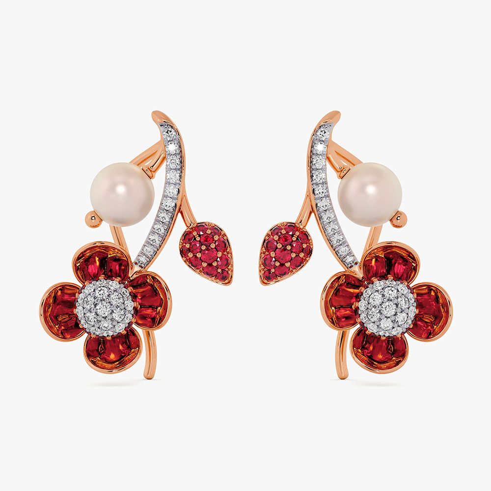 Dazzling 14Kt Diamond and Red Stone Earrings-Earrings-OPE26E44-D409X0C