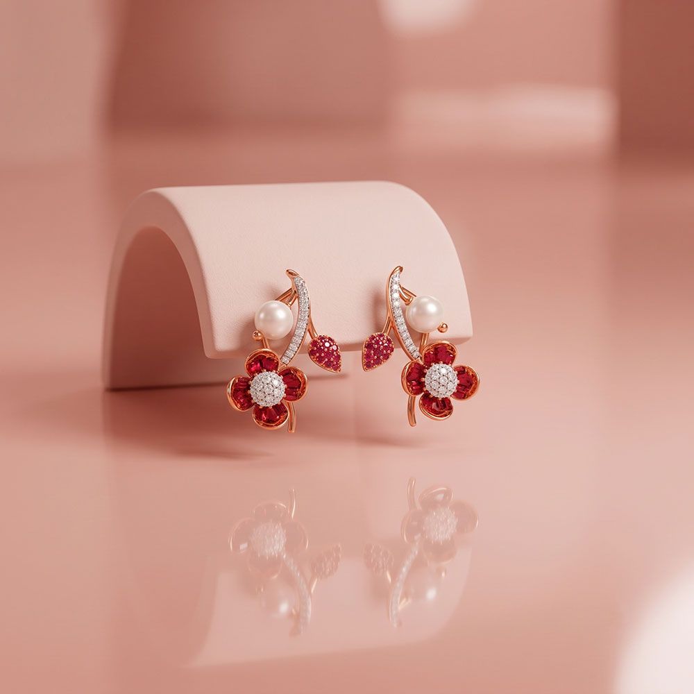 Dazzling 14Kt Diamond and Red Stone Earrings-Earrings-OPE26E44-D409X0C
