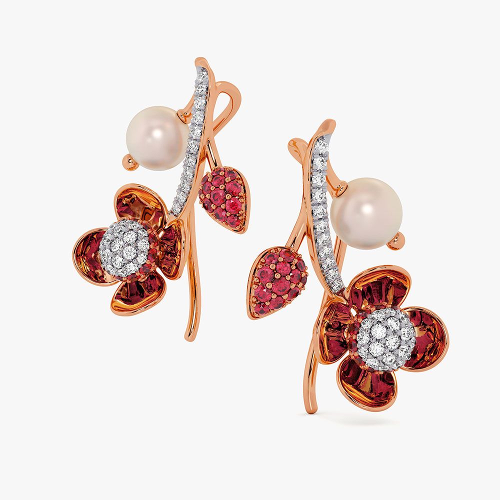 Dazzling 14Kt Diamond and Red Stone Earrings-Earrings-OPE26E44-D409X0C