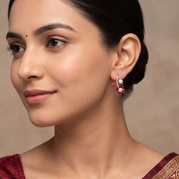 Dazzling 14Kt Diamond and Red Stone Earrings-Earrings-OPE26E44-D409X0C