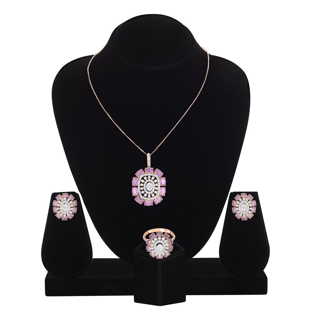 Illuminating Pink Stone And Diamond Pendant Set-Diamond-OBX23067-D403X0B