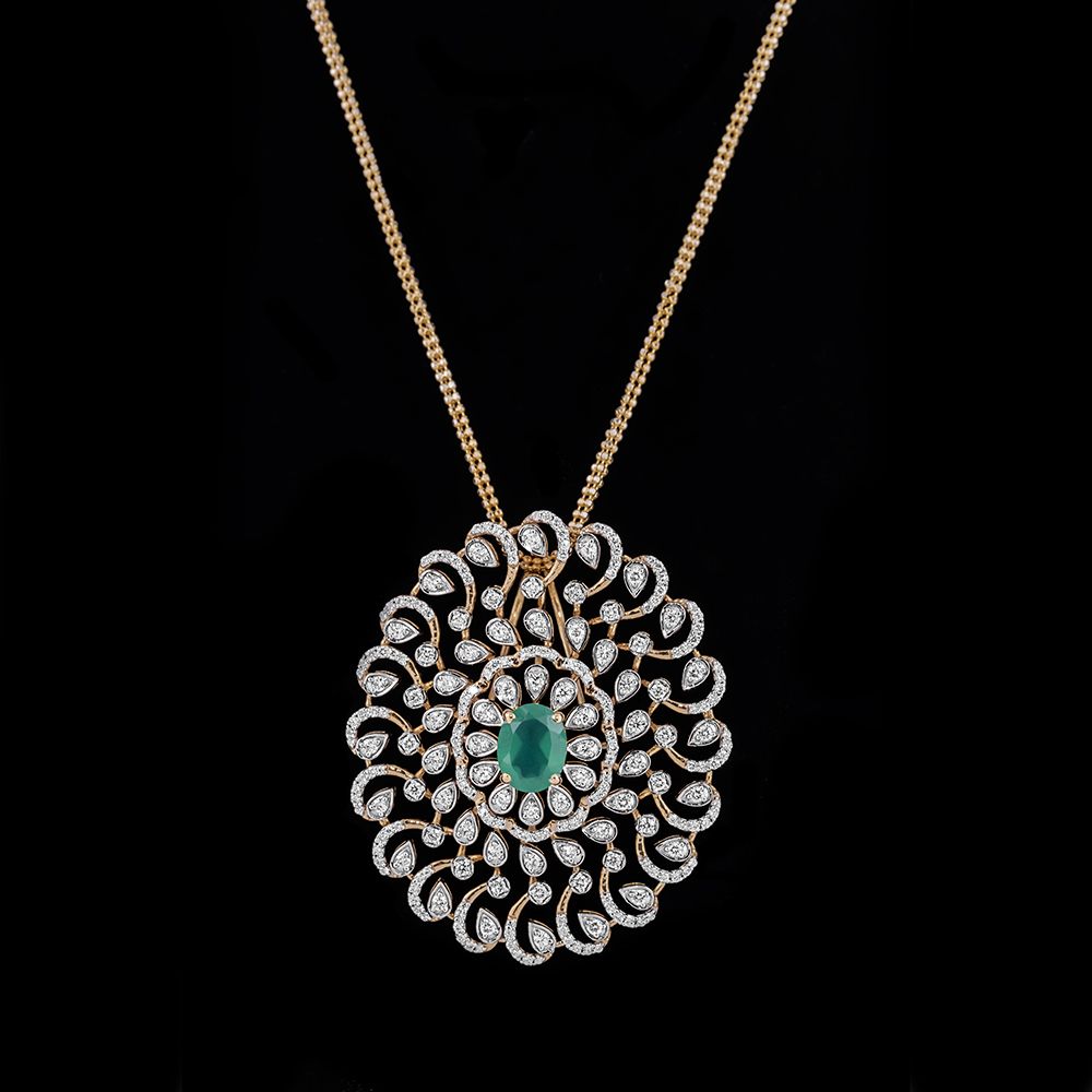 Aesthetic Chakra Motif Yellow Gold Diamond Pendant Set-All Jewellery-OSP23E01-D311R0B