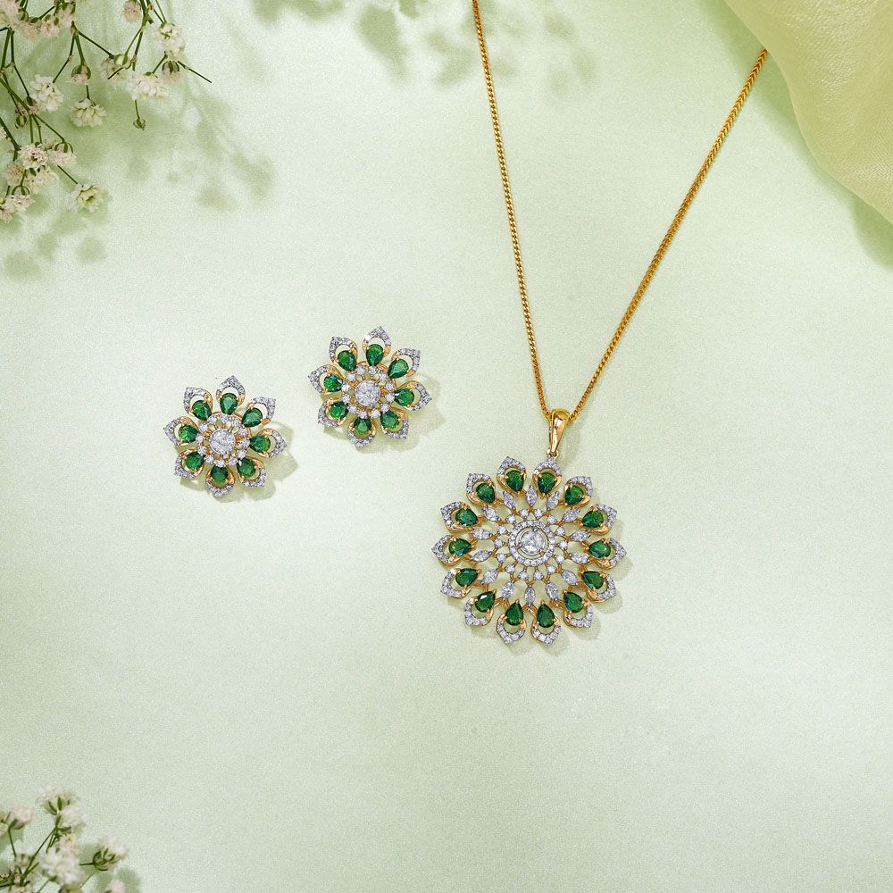 Floral Diamond Jewellery Set in 18Kt Yellow Gold-SHOP BY METAL COLOUR-OSP23E09-D311R0B