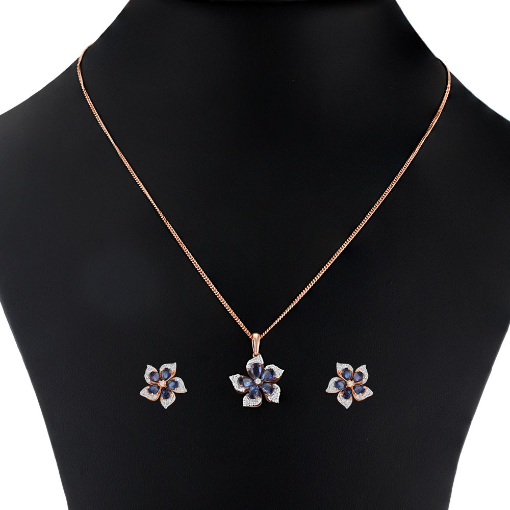 Floral Blue Topaz and Diamond Pendant Set-All Jewellery-OSP23E10-D425X0B
