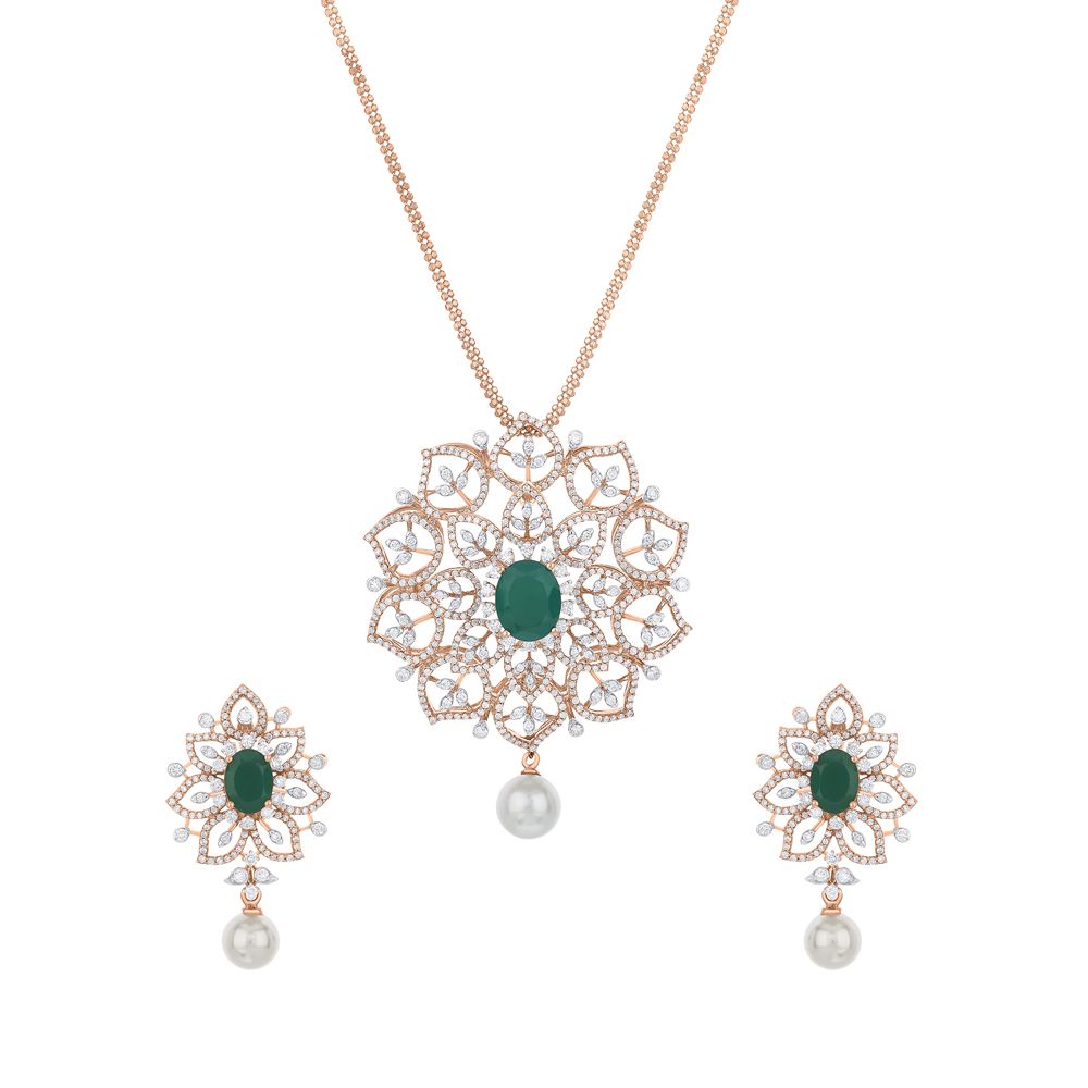 Pearl Drop Floral Diamond Pendant Set-All Jewellery-OSP23E41-D309X0B