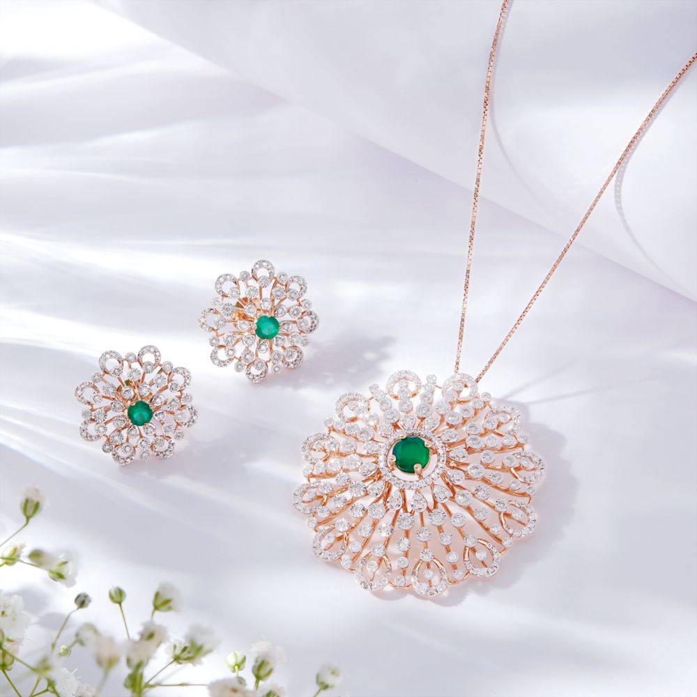 Snowflake Green Onyx and Diamond Pendant Set-Diamond-OSP23E47-D424X0B