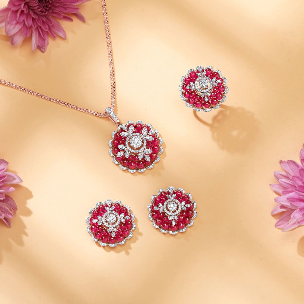 Vibrant Floral Diamond Pendant Set-Diamond-OBX24002-D437X0B