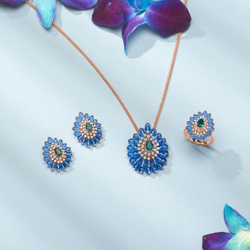 Vivid Drop Design Diamond Pendant Set-Diamond-OBX24003-D409X0B