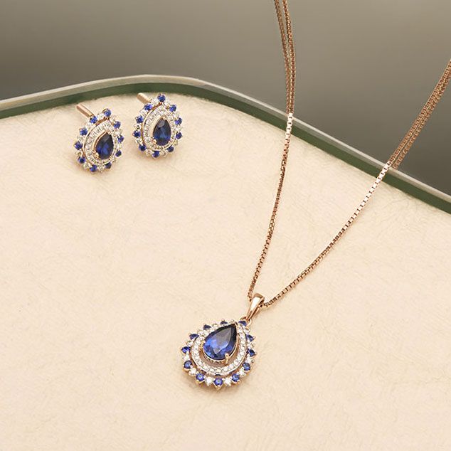 Stylish Blue Stone and Diamond Drop Pendant Set-Diamond-OSP24E31-D441X0C
