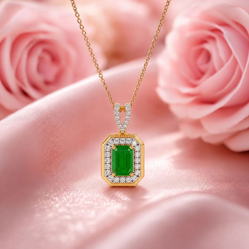 Timeless 14Kt Yellow Gold Diamond and Emerald Pendant-Pendants-OPS26E19-D435R0C