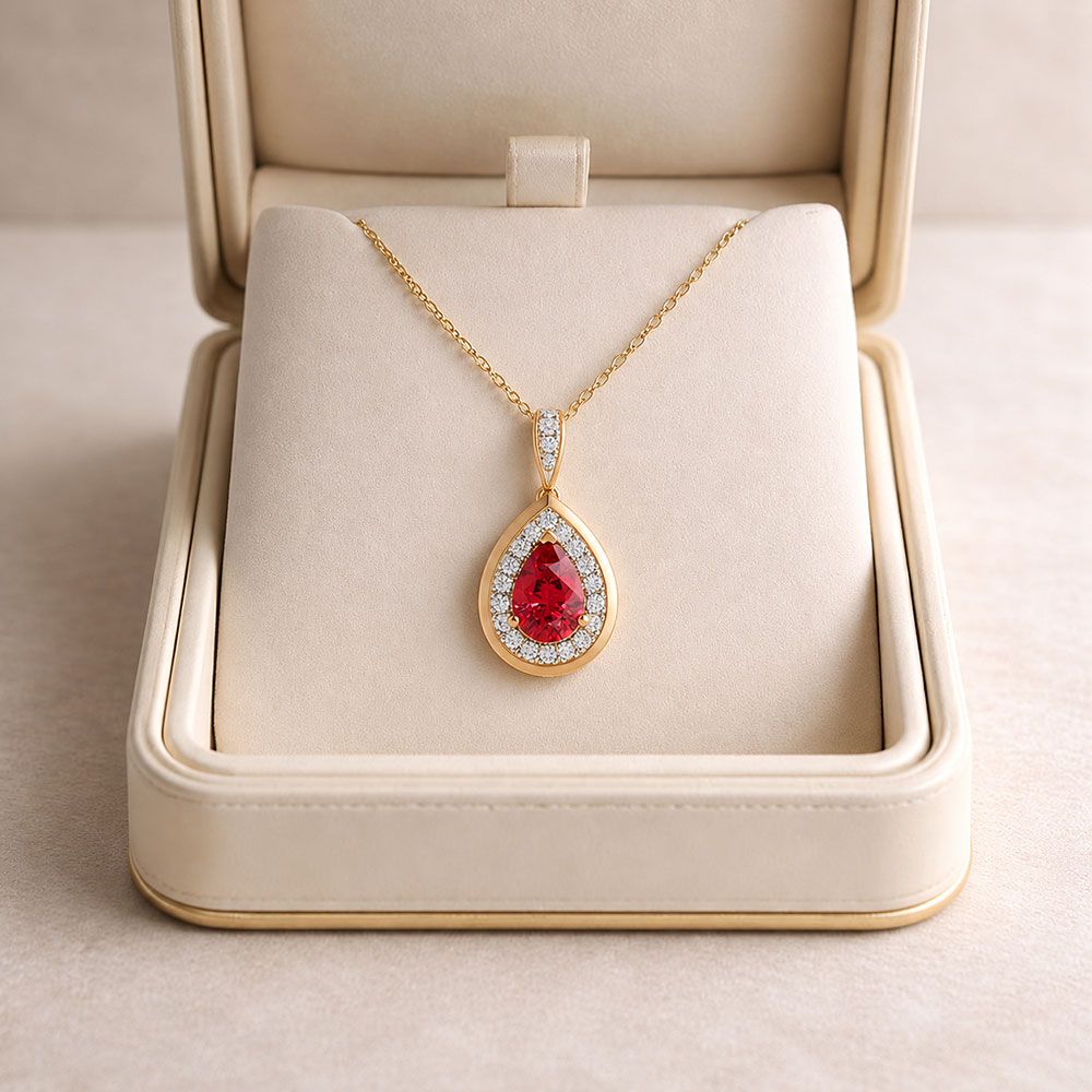 Pear Drop 14Kt Yellow Gold Diamond and Ruby Pendant-Pendants-OPS26E20-D435X0C