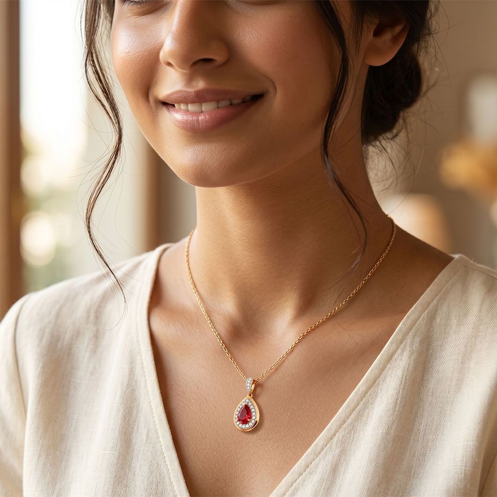 Pear Drop 14Kt Yellow Gold Diamond and Ruby Pendant-Pendants-OPS26E20-D435X0C