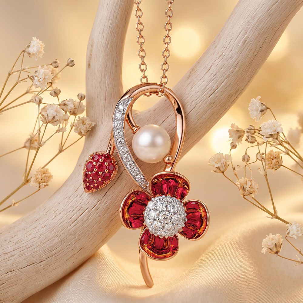 Floral 14Kt Diamond and Red Stone Pendant-Pendants-OPS26E44-D409X0C