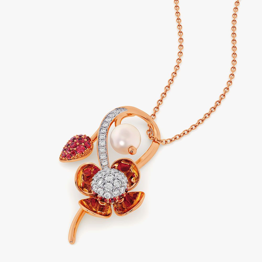 Floral 14Kt Diamond and Red Stone Pendant-Pendants-OPS26E44-D409X0C